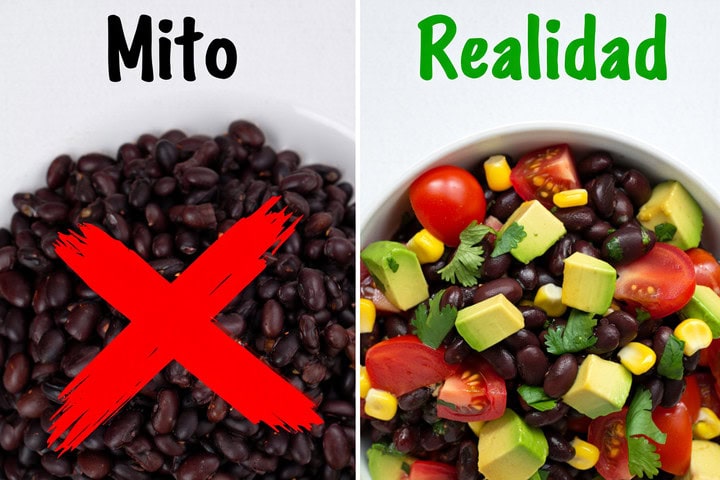 Semillas de frijol negro en comparación con una ensalada saludable con verduras y aguacate.