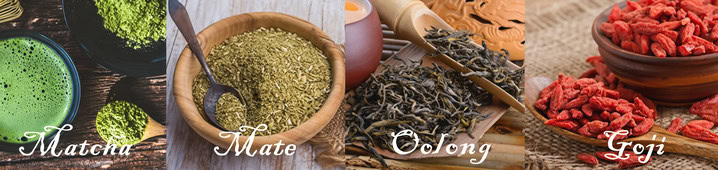 Polvo de matcha verde en tazas y tés en hoja, ingredientes naturales para pérdida de peso y salud desde chamela.mx.