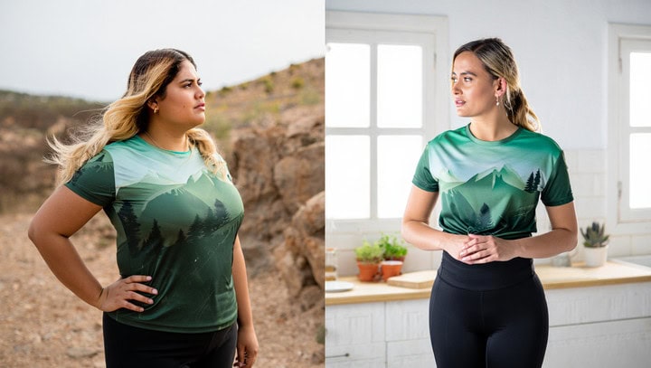 Camisa deportiva con diseño de montaña y naturaleza, ideal para actividades al aire libre y pérdida de peso.
